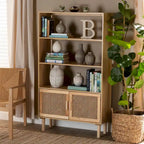 Bibliothèque mi-siècle beige et marron naturel avec accents en rotin – Assemblage par 1 personne