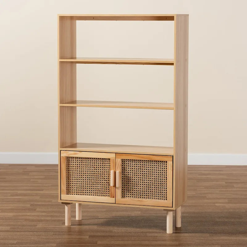 Bibliothèque mi-siècle beige et marron naturel avec accents en rotin – Assemblage par 1 personne