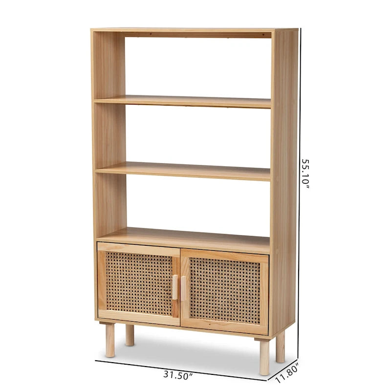 Bibliothèque mi-siècle beige et marron naturel avec accents en rotin – Assemblage par 1 personne
