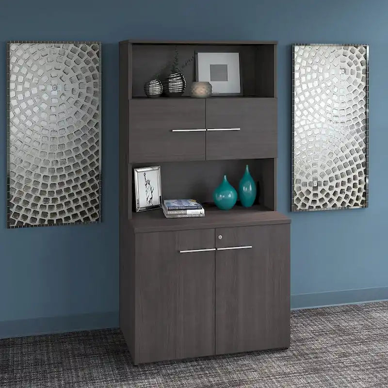 Armoire haute gris tempête avec portes et étagères ouvertes, 1 personne