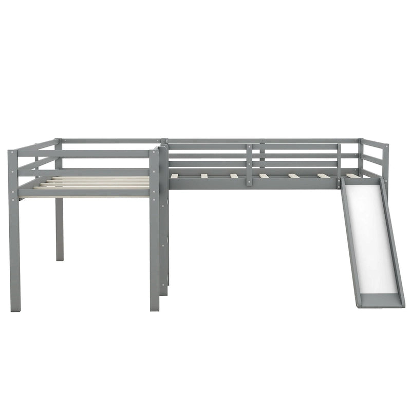 Lit mezzanine jumeau en L gris avec toboggan et échelle, 2 couchages