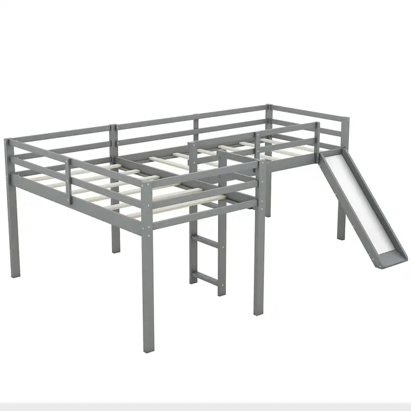 Lit mezzanine jumeau en L gris avec toboggan et échelle, 2 couchages