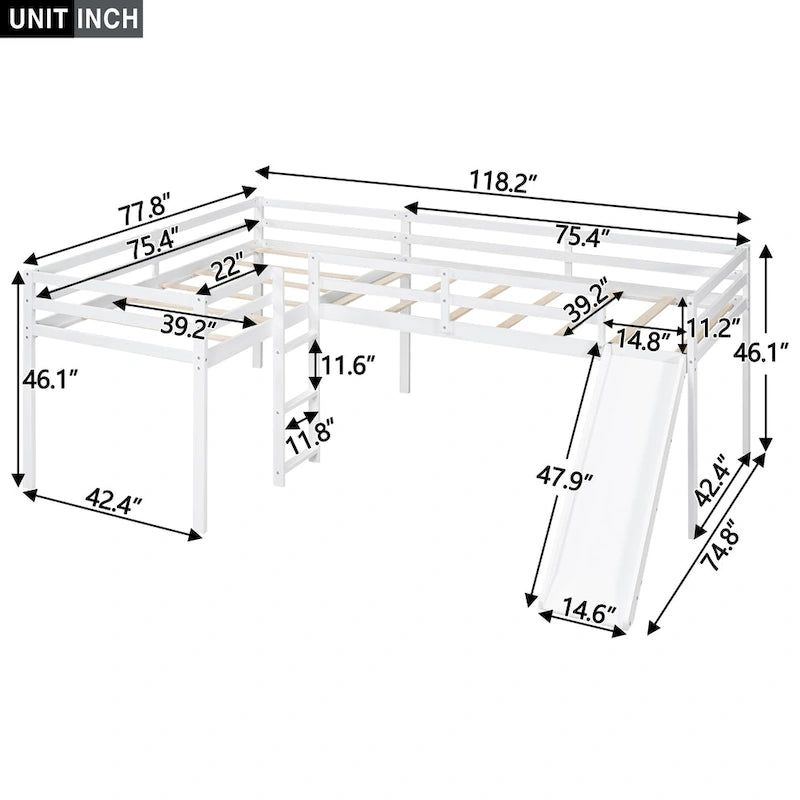 Lit mezzanine jumeau en L gris avec toboggan et échelle, 2 couchages