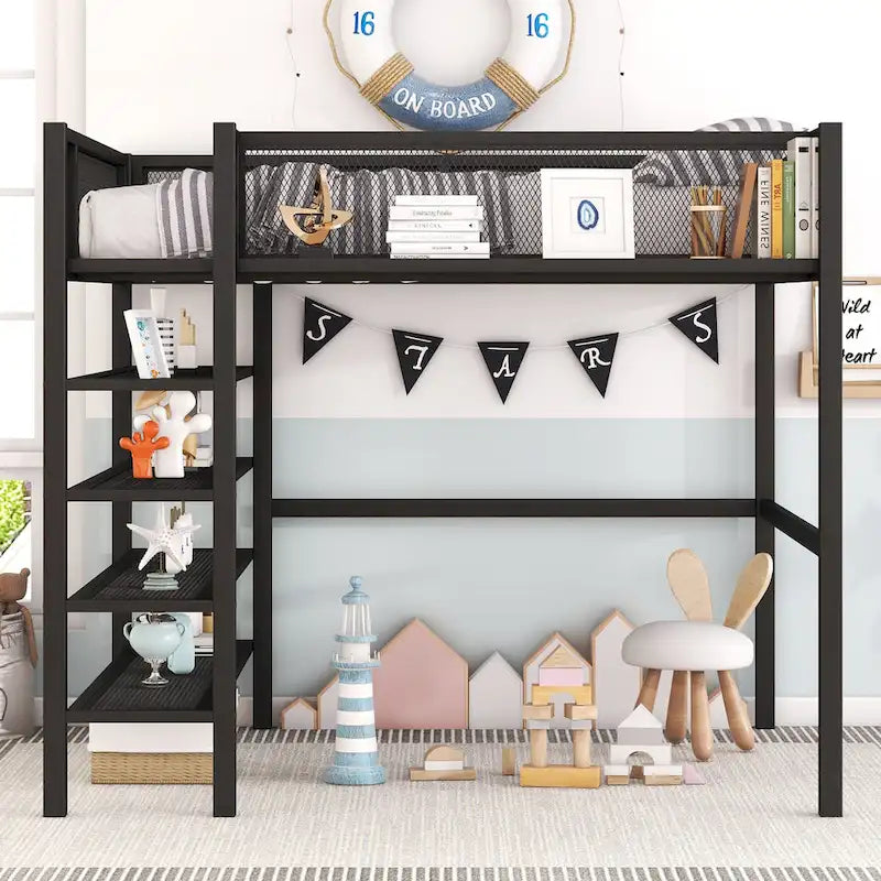 Lit mezzanine en métal noir, taille standard, avec étagères et bureau, 1 personne