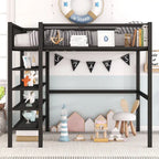 Lit mezzanine en métal noir, taille standard, avec étagères et bureau, 1 personne