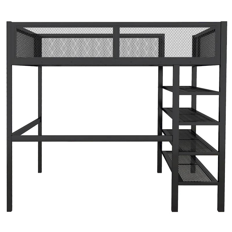 Lit mezzanine en métal noir, taille standard, avec étagères et bureau, 1 personne