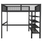 Lit mezzanine en métal noir, taille standard, avec étagères et bureau, 1 personne