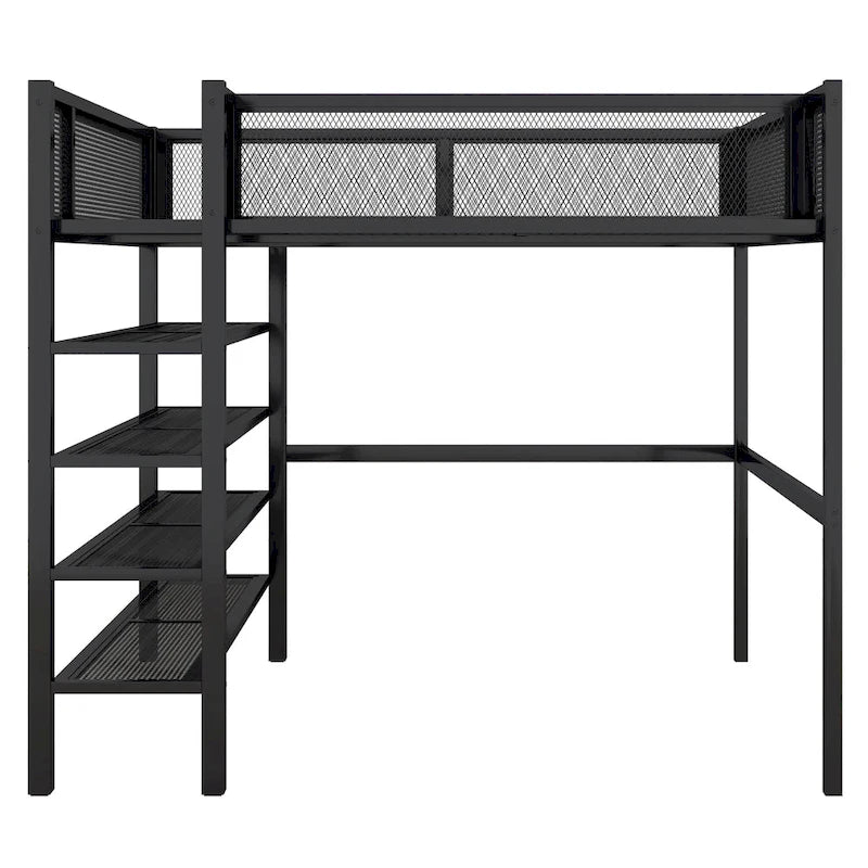 Lit mezzanine en métal noir, taille standard, avec étagères et bureau, 1 personne