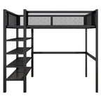Lit mezzanine en métal noir, taille standard, avec étagères et bureau, 1 personne