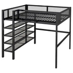 Lit mezzanine en métal noir, taille standard, avec étagères et bureau, 1 personne