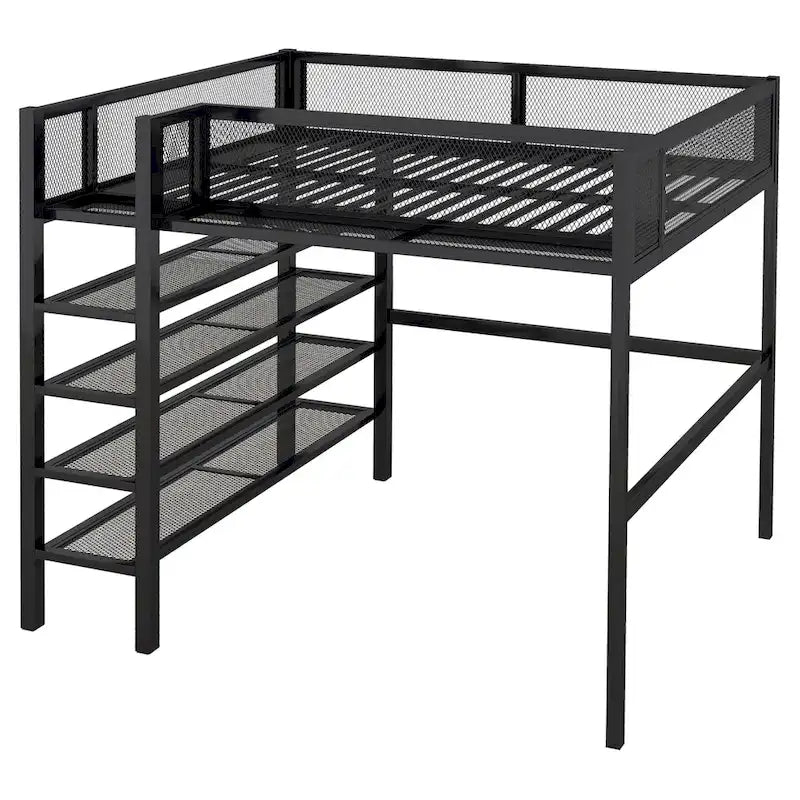 Lit mezzanine en métal noir, taille standard, avec étagères et bureau, 1 personne
