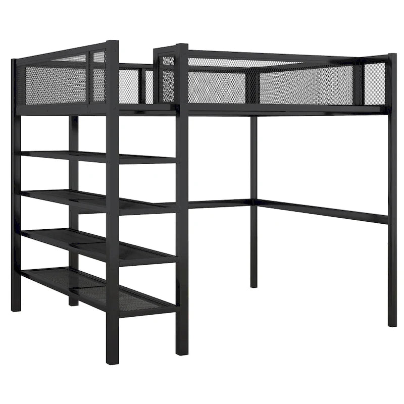 Lit mezzanine en métal noir, taille standard, avec étagères et bureau, 1 personne