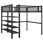 Lit mezzanine en métal noir, taille standard, avec étagères et bureau, 1 personne