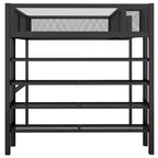 Lit mezzanine en métal noir, taille standard, avec étagères et bureau, 1 personne