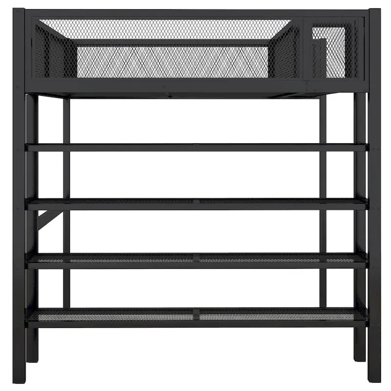 Lit mezzanine en métal noir, taille standard, avec étagères et bureau, 1 personne