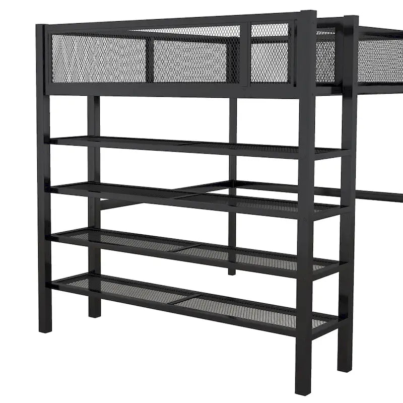 Lit mezzanine en métal noir, taille standard, avec étagères et bureau, 1 personne