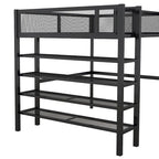 Lit mezzanine en métal noir, taille standard, avec étagères et bureau, 1 personne