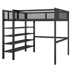 Lit mezzanine en métal noir, taille standard, avec étagères et bureau, 1 personne