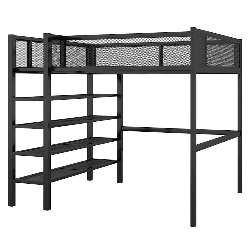 Lit mezzanine en métal noir, taille standard, avec étagères et bureau, 1 personne