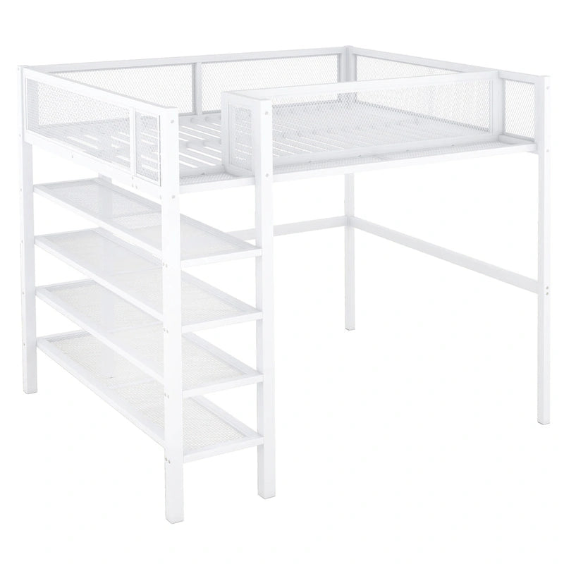 Lit mezzanine en métal noir, taille standard, avec étagères et bureau, 1 personne