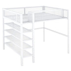 Lit mezzanine en métal noir, taille standard, avec étagères et bureau, 1 personne