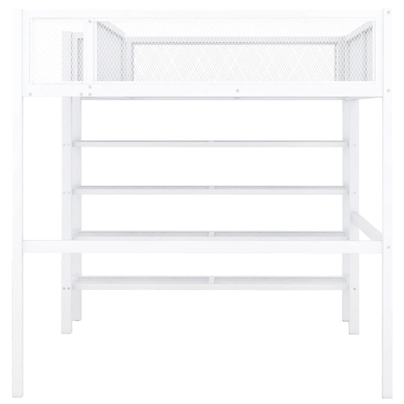 Lit mezzanine en métal noir, taille standard, avec étagères et bureau, 1 personne