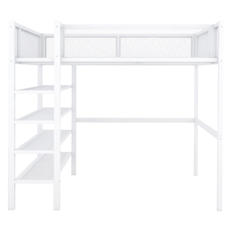 Lit mezzanine en métal noir, taille standard, avec étagères et bureau, 1 personne