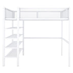 Lit mezzanine en métal noir, taille standard, avec étagères et bureau, 1 personne