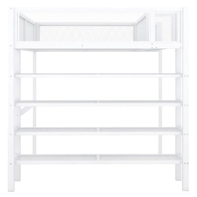 Lit mezzanine en métal noir, taille standard, avec étagères et bureau, 1 personne