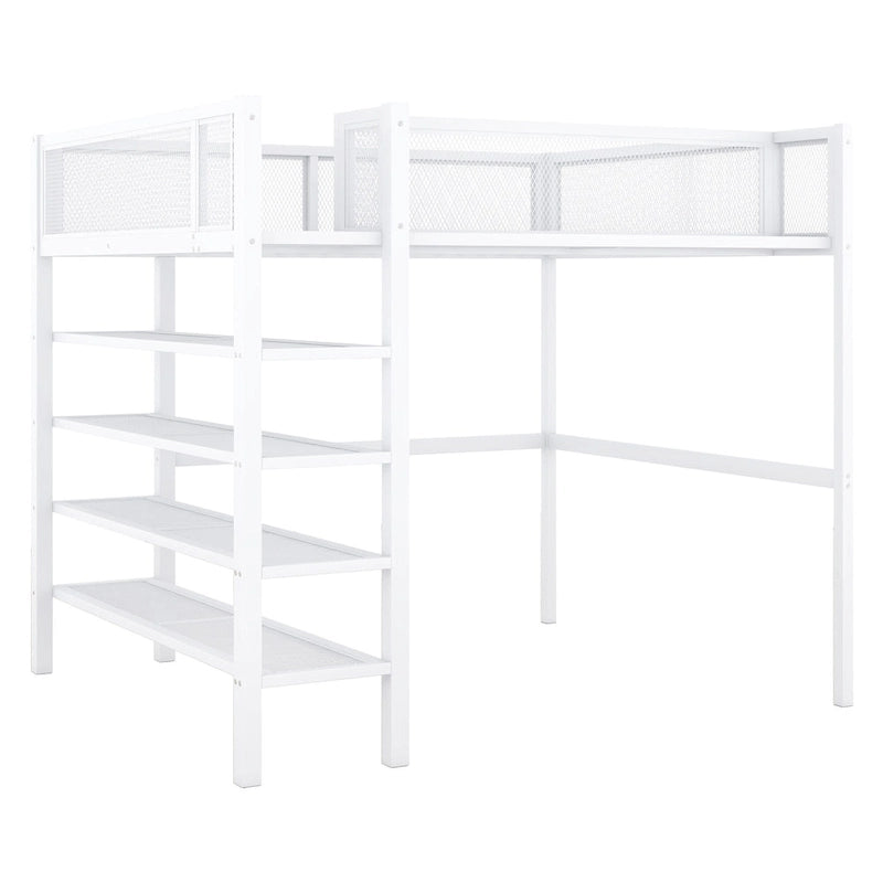 Lit mezzanine en métal noir, taille standard, avec étagères et bureau, 1 personne