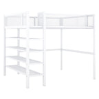 Lit mezzanine en métal noir, taille standard, avec étagères et bureau, 1 personne