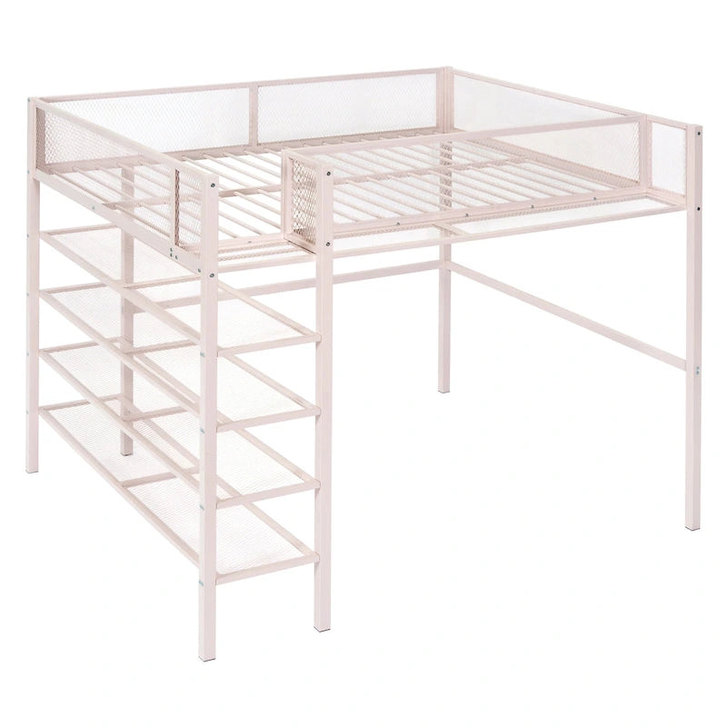 Lit mezzanine en métal noir, taille standard, avec étagères et bureau, 1 personne