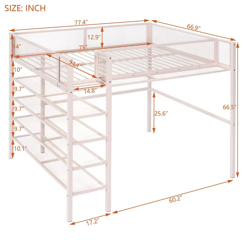 Lit mezzanine en métal noir, taille standard, avec étagères et bureau, 1 personne