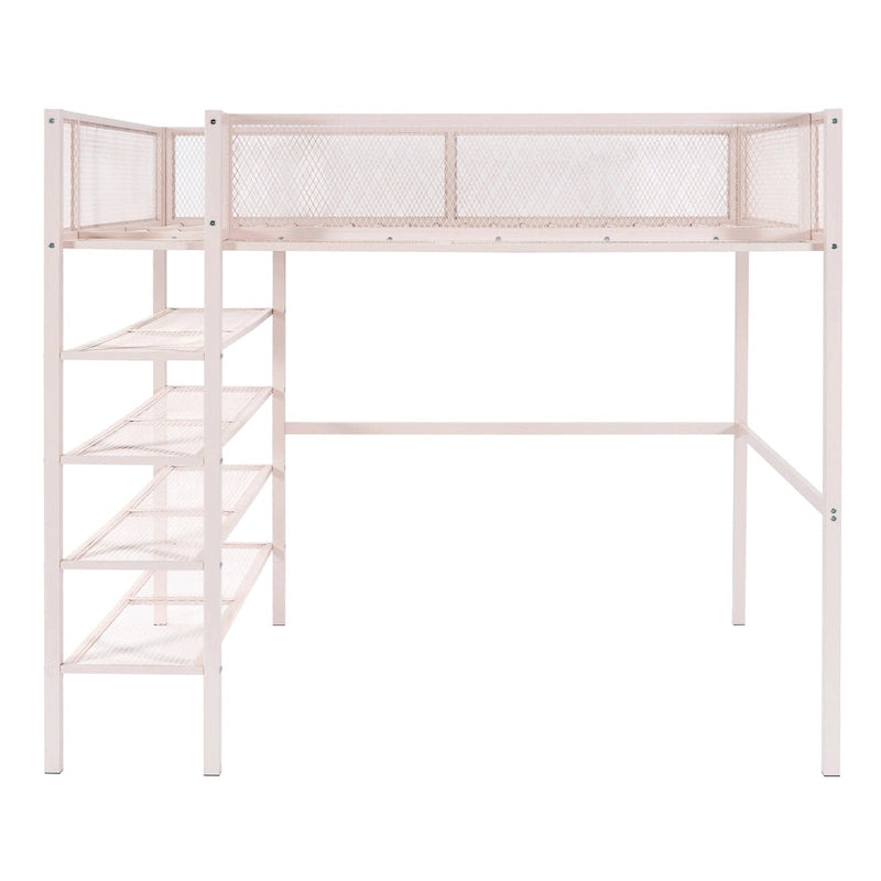Lit mezzanine en métal noir, taille standard, avec étagères et bureau, 1 personne