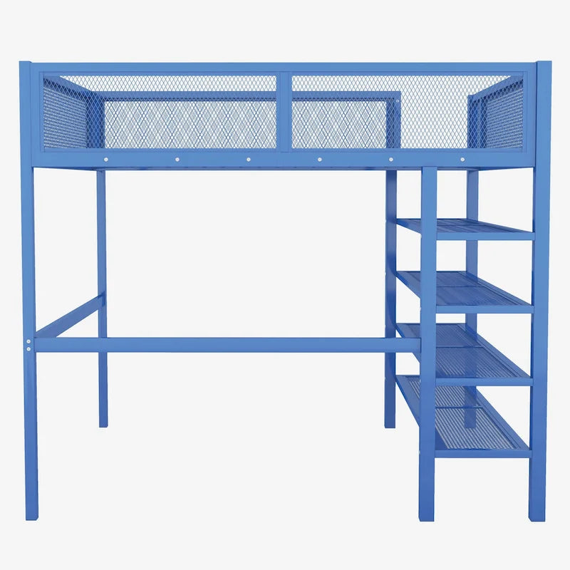 Lit mezzanine en métal noir, taille standard, avec étagères et bureau, 1 personne