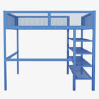 Lit mezzanine en métal noir, taille standard, avec étagères et bureau, 1 personne