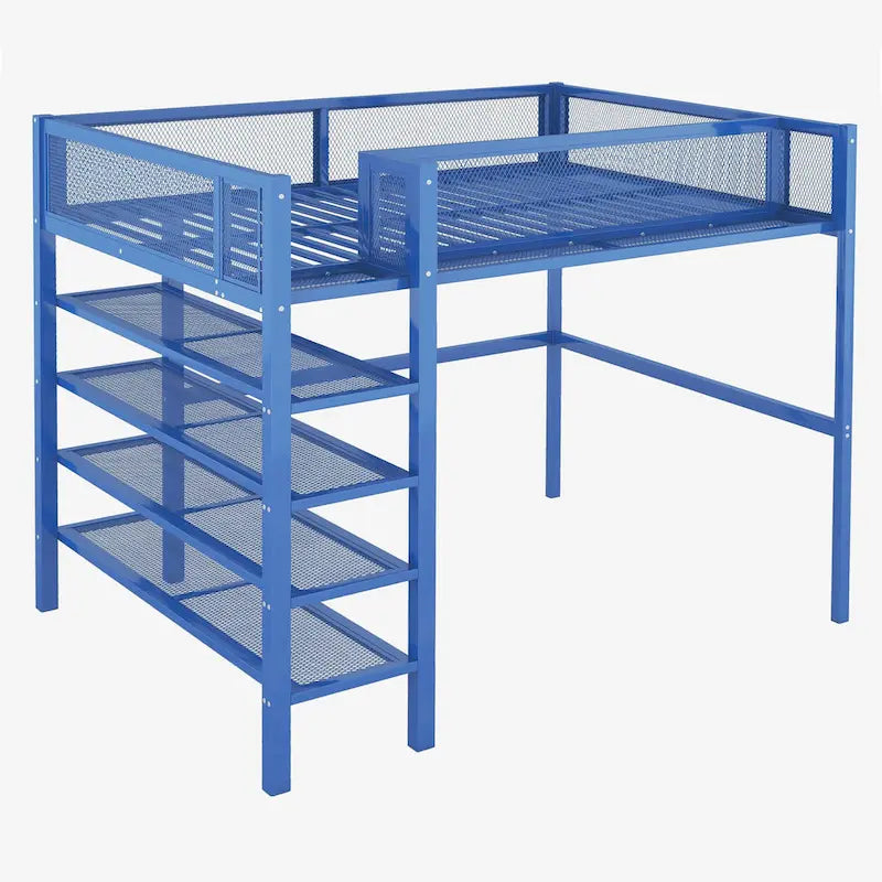 Lit mezzanine en métal noir, taille standard, avec étagères et bureau, 1 personne