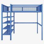 Lit mezzanine en métal noir, taille standard, avec étagères et bureau, 1 personne