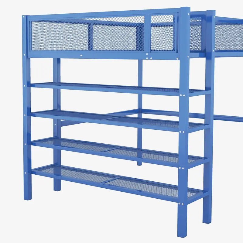 Lit mezzanine en métal noir, taille standard, avec étagères et bureau, 1 personne