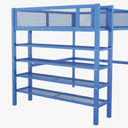 Lit mezzanine en métal noir, taille standard, avec étagères et bureau, 1 personne