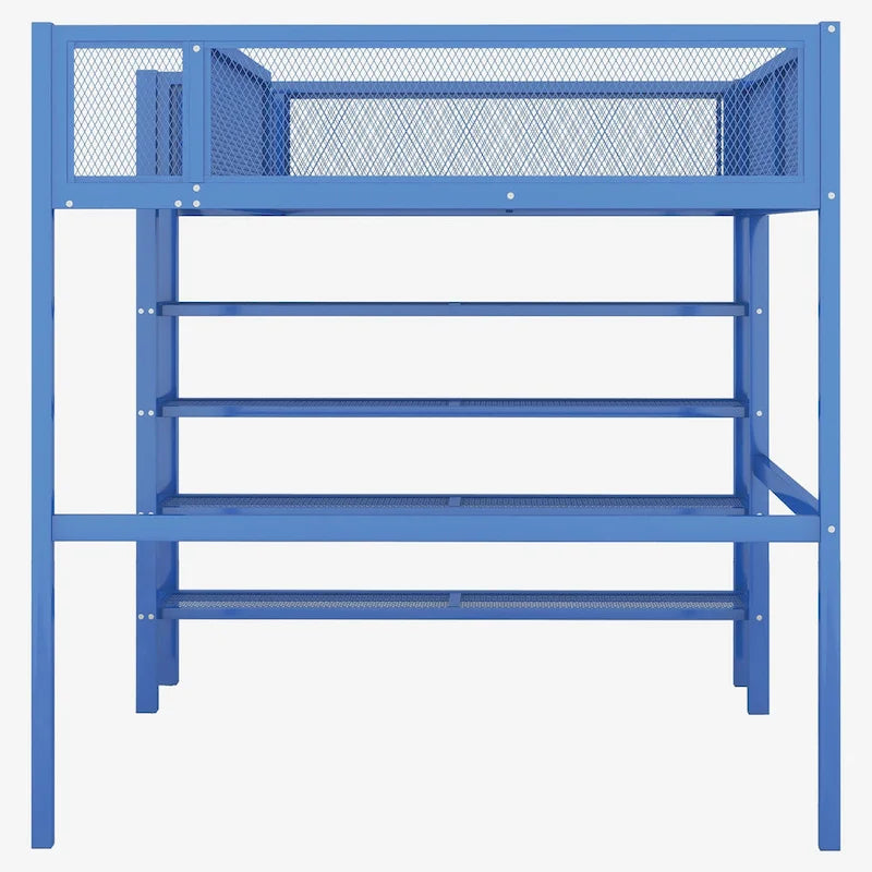 Lit mezzanine en métal noir, taille standard, avec étagères et bureau, 1 personne