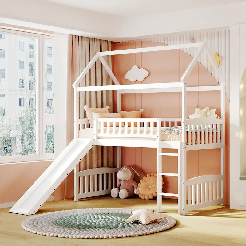 Lit surélevé jumeau avec toboggan, style cabane, pour 1 enfant – Gris / Blanc / Espresso