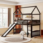 Lit surélevé jumeau avec toboggan, style cabane, pour 1 enfant – Gris / Blanc / Espresso