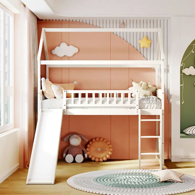 Lit surélevé jumeau avec toboggan, style cabane, pour 1 enfant – Gris / Blanc / Espresso