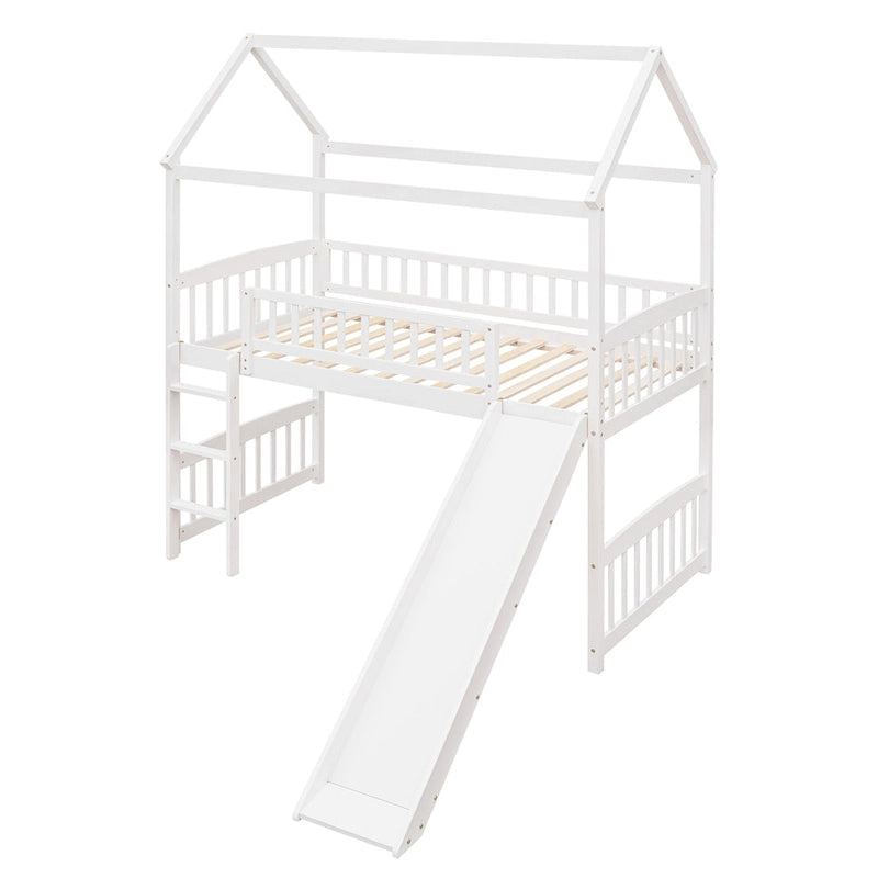 Lit surélevé jumeau avec toboggan, style cabane, pour 1 enfant – Gris / Blanc / Espresso
