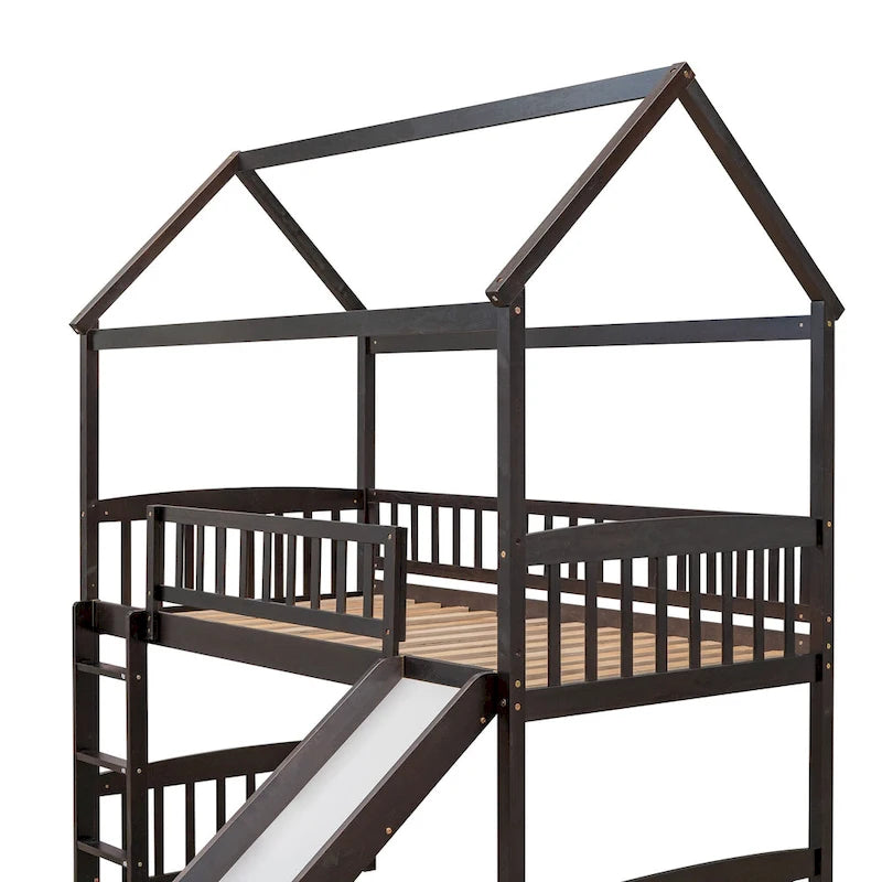 Lit surélevé jumeau avec toboggan, style cabane, pour 1 enfant – Gris / Blanc / Espresso