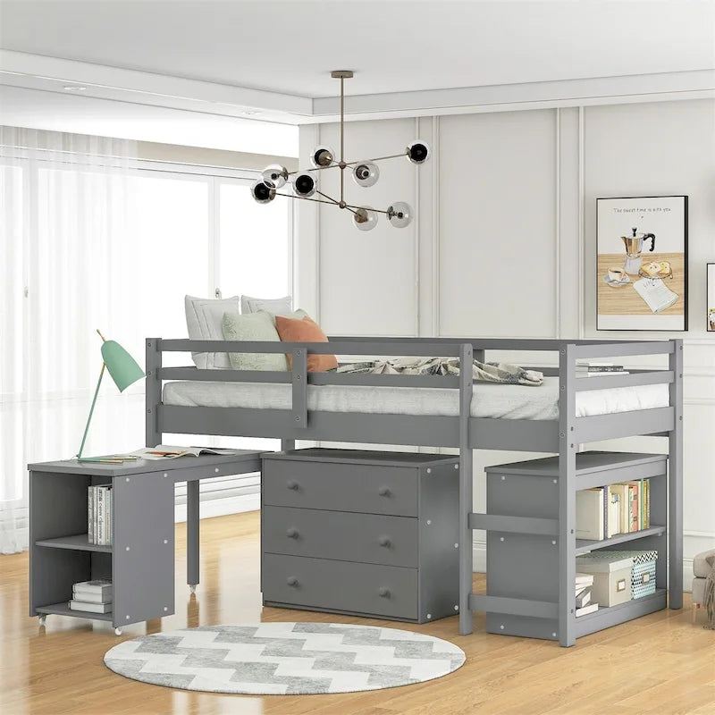 Lit mezzanine bas double avec bureau et armoire – Espresso / Blanc / Gris, simple