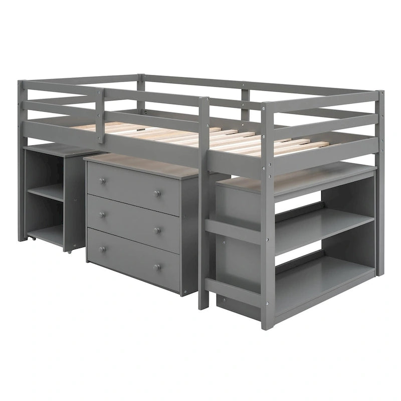 Lit mezzanine bas double avec bureau et armoire – Espresso / Blanc / Gris, simple