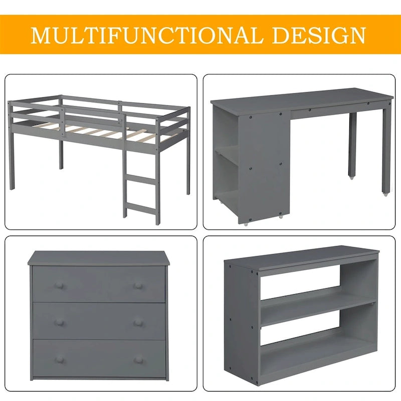 Lit mezzanine bas double avec bureau et armoire – Espresso / Blanc / Gris, simple