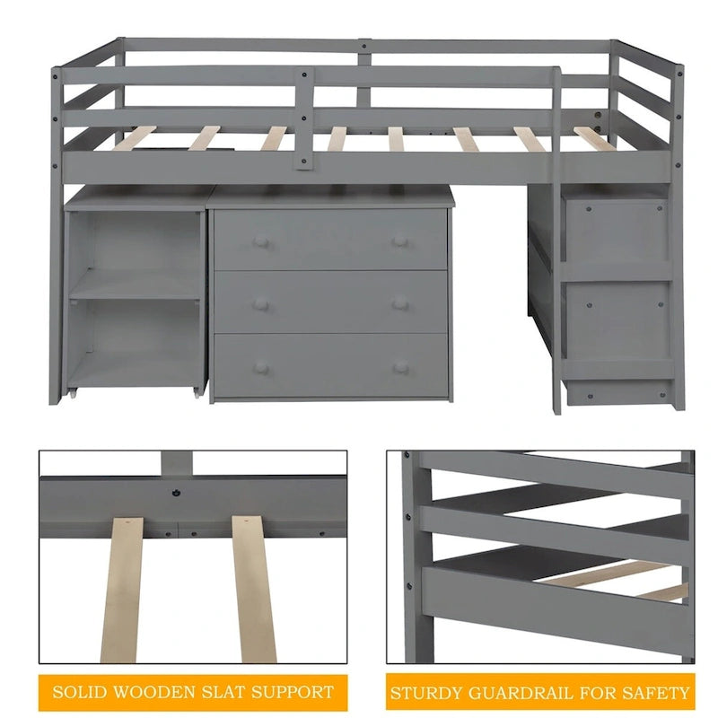 Lit mezzanine bas double avec bureau et armoire – Espresso / Blanc / Gris, simple